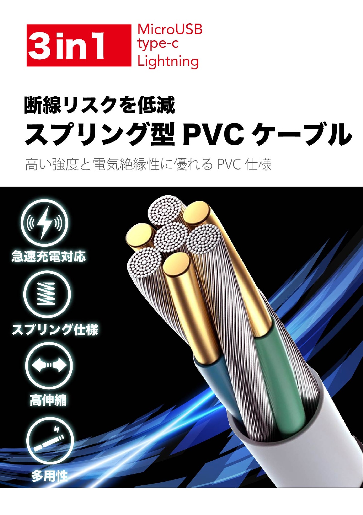 【割引フェア30%OFF】３in1 USB充電ケーブル 急速充電対応