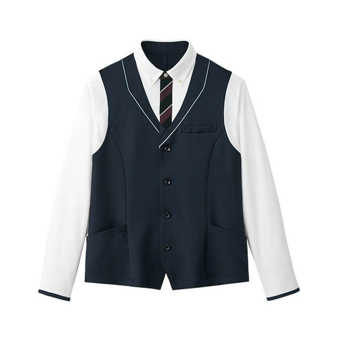 【トラッド・ストライプ】男女兼用長袖ジレシャツ（ネイビー）