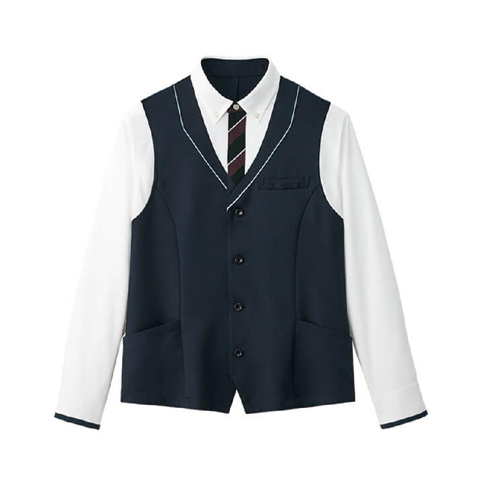 【トラッド・ストライプ】男女兼用長袖ジレシャツ（ネイビー）