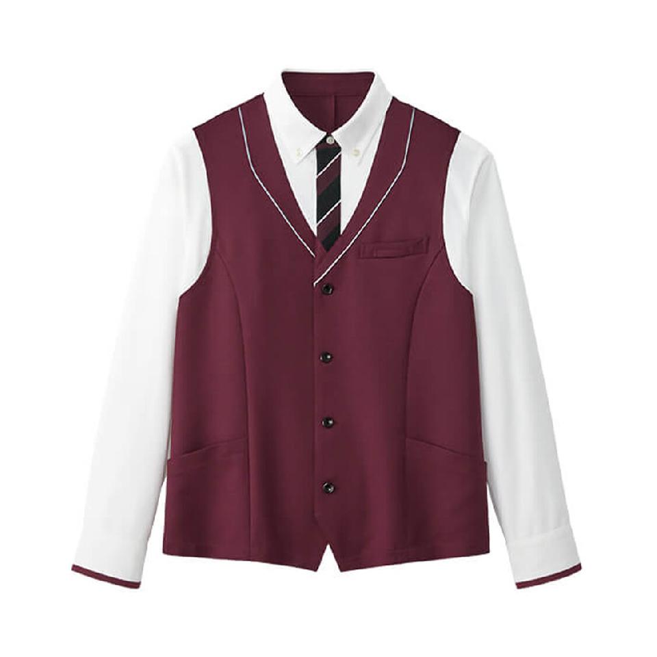 【トラッド・ストライプ】男女兼用長袖ジレシャツ（ワイン）