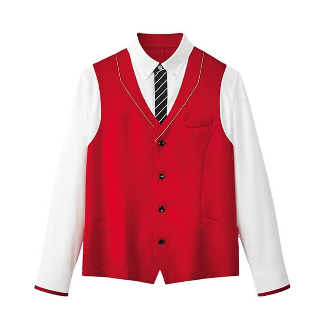 【ビコロール・ストライプ】男女兼用長袖ジレシャツ（レッド）