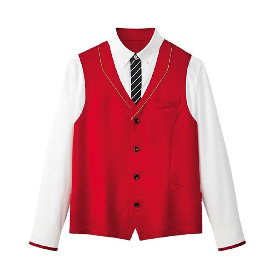 【ビコロール・ストライプ】男女兼用長袖ジレシャツ（レッド）